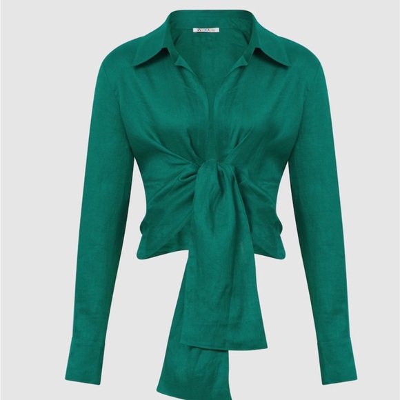 Reiss Corinne Linen Green Tie Waist Blouse - Picture 5 of 6